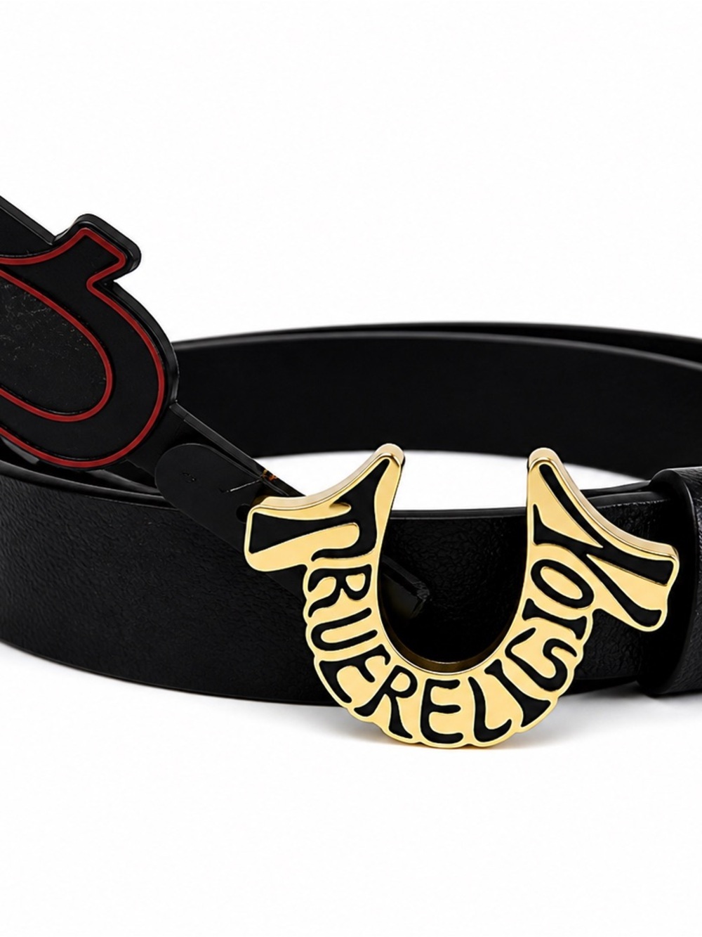 True Religion Black Leather Belt Sz 40 Men’s Gold Logo Buckle Horseshoe NWT